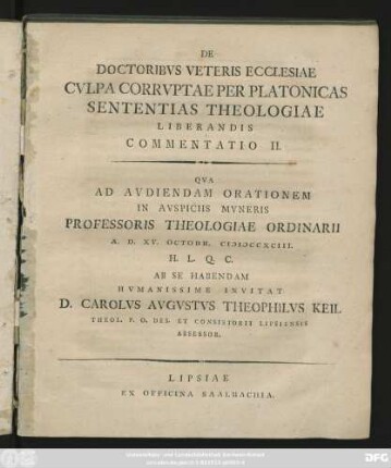 Commentatio II.: De Doctoribvs Veteris Ecclesiae Cvlpa Corrvptae Per Platonicas Sententias Theologiae Liberandis
