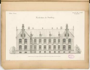 Kreiskrankenhaus, Insterburg Monatskonkurrenz November 1885: Aufriss Rückansicht (Gartenansicht); Maßstabsleiste