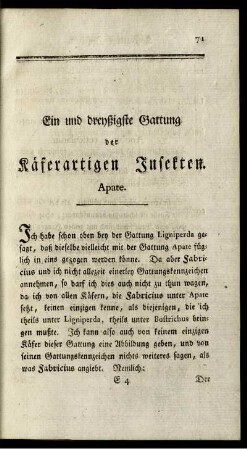 Ein und dreyßigste Gattung der Käferartigen Insekten. Apate.