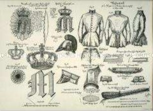 Uniformdarstellung, Detailstudie Embleme, Helme, Schirmmützen, Waffenröcke, Kragen, Ärmel, Epauletten der Infanterie, Königreich Bayern, 1836/1868. Beiblatt 1 zu Tafel XV aus: Müller/Braun: Königl. Bayerische Armee.