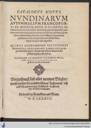 CATALOGVS NOVVS NVNDINARVM AVTVMNALIVM FRANCOFORTI AD MOENVM, ANNO M. D. LXXXIII. CElebratarum ...