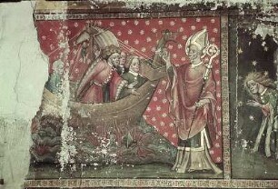 Der heilige Nikolaus verhindert die Zerstörung seiner Kirche durch anreisende Pilger: das gefährliche Öl wird vernichtet