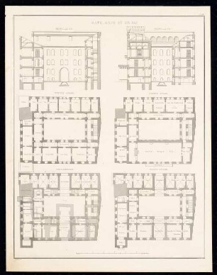Rathaus, Zittau: Querschnitt und Längsschnitt, Grundrisse (aus: Sammlung Architektonischer Entwürfe, Berlin 1858)