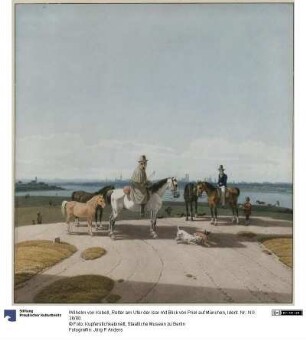 Reiter am Ufer der Isar mit Blick von Priel auf München