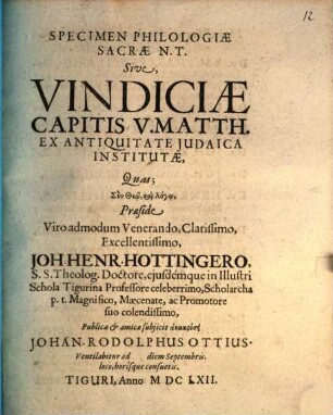 Specimen philologiae sacrae N. T. sive, vindiciae capitis V. Matth. ex antiquitate iudaica institutae
