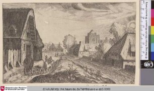[Dörfliche Szene, links ein Mann der eine von zwei Pferden gezogene Kutsche führt; Village Scene, on the Left a Man Leads a Wagon Pulled by two Horses by a large House]