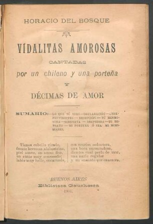 Vidalitas amorosas cantadas por un chileno y una porteña y décimas de amor