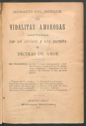Vidalitas amorosas cantadas por un chileno y una porteña y décimas de amor