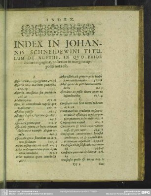 Index In Johannis Schneidewini Titulum De Nuptiis, In Quo Prior numerus paginae, posterior in margine apositi nota est