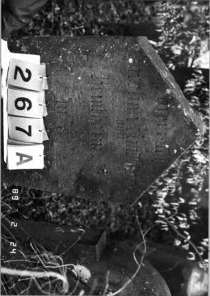 Grabstein 267 (Index: 99752202) Material: Sandstein Zustand: vorne verwittert mit völligem Textverlus Maße HxBxT: 127x49x12 cm Beschreibung: Stel, giebelartiger Abschluß, Schriftfeld eingetieft mit Segmentbogenabschluß: Grabstein 267A