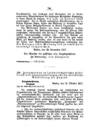 Jungmannen im landwirtschaftlichen Hilfsdienst und Jugendabteilungen für die militärische Vorbildung der Jugend : [B. Allgemeine Angelegenheiten der Unterrichtsanstalten]