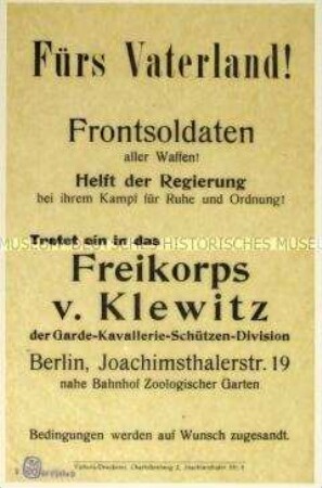 Konvolut: 6 Stück Aufruf zum Eintritt in das Freikorps von Klewitz der Garde-Kavallerie-Schützen-Division