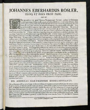 Johannes Eberhardus Rösler, Eloq. Et Poes. Prof. Publ. Lect. Sal.