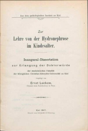 Zur Lehre von der Hydronephrose im Kindesalter