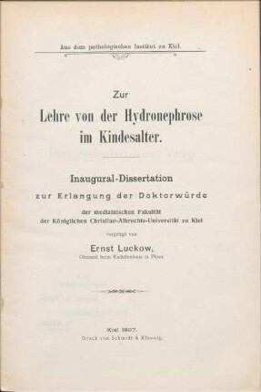 Zur Lehre von der Hydronephrose im Kindesalter