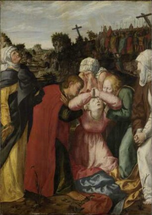 Maria mit Frauen und Jüngern während der Kreuzigung Christi