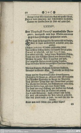 LXXXIV. Des Theophrasi Paracelsi wunderliche Recepten, wodurch mit den Medicamenten gegen das Podagra gespottet wird