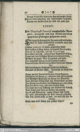 LXXXIV. Des Theophrasi Paracelsi wunderliche Recepten, wodurch mit den Medicamenten gegen das Podagra gespottet wird