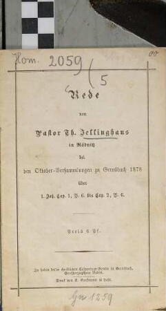 Rede von Th. Jellinghaus in Rädnitz bei den Oktober-Versammlungen zu Gernsbach 1878 über 1. Joh. Cap. 1, V. 6 bis Cap. 2, V. 6