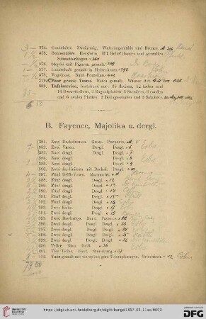 B. Fayence, Majolika u. dergl. (Nr. 381- 441)