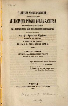 Lettere storico-critiche intorno alle cinque piaghe della Santa Chiesa del chiarissimo sacerdote Antonio De Rosmini-Serbati