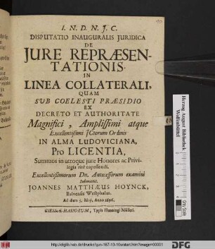 Disputatio Inauguralis Iuridica De Iure Repraesentationis. In Linea Collaterali