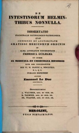 De intestinorum helminthibus nonnulla