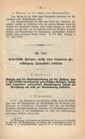III. Theil. Gewerbliche Anlagen, welche einer besonderen Genehmigung (Concession) bedürfen.