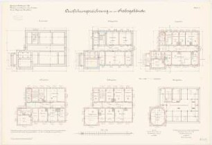 Kavalleriekaserne, Mülhausen: Stabsgebäude: Grundriss Fundamente, Keller, Erdgeschoss, 1. und 2. Obergeschoss, Dachgeschoss 1:100
