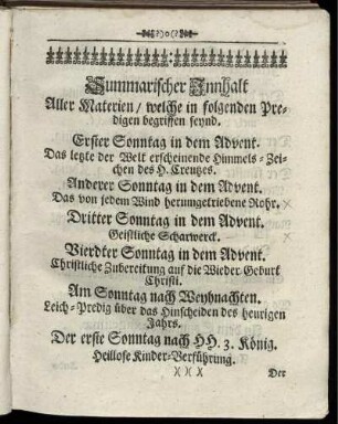 Summarischer Innhalt Aller Materien/ welche in folgenden Predigen begriffen seynd