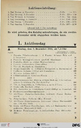 1. Auktionstag Montag, den 2. Dezember 1935, ab ½ 3 Uhr (Nr. 1-375)
