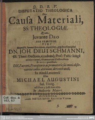 Disputatio theologica de causa materiali, ss. theologiae