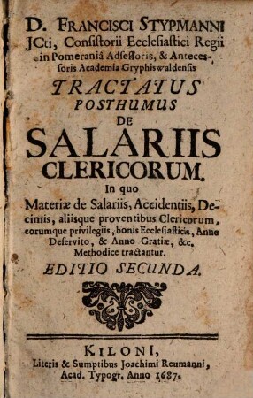 Francisci Styppmanni Tractatus posthumus de solariis clericorum