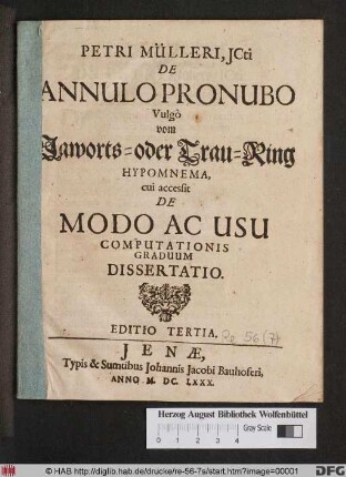 Petri Mülleri, ICti De Annulo Pronubo Vulgo vom Jaworts- oder Trau-Ring Hypomnema