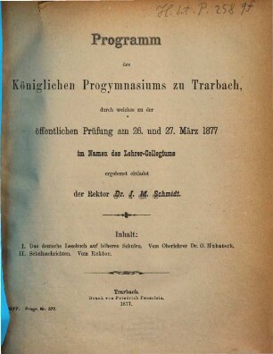 Programm des Königlichen Progymnasiums zu Trarbach : über das Schuljahr ..., 1876/77