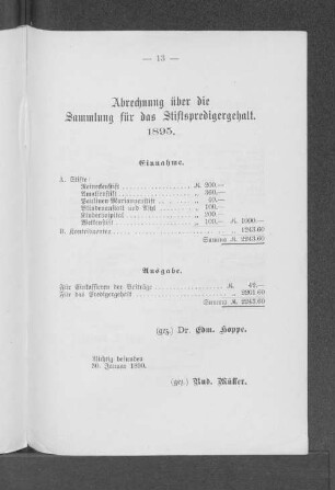 Abrechnung über die Sammlung für das Predigergehalt. 1895.