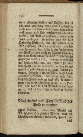 Wahrhaftes und Capellbeständiges Gold zu machen
