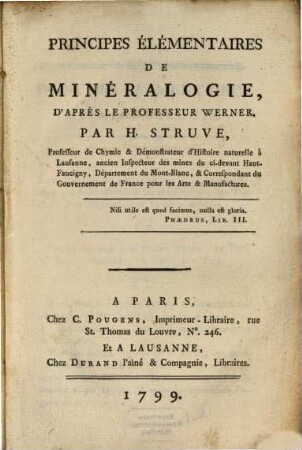 Principes élémentaires de minéralogie, d'après le Prof. Werner