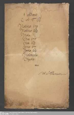 Ms. Ff. Mus. 939 - 1. Advent : C. A. T. B., violino 1mo, violino 2do, viola, oboe 1mo, oboe 2do, corno 1mo, corno 2do, violoncello, organo