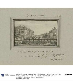 Dorotheen-Stadt. a. Das Zeughaus b. die Schloss Apotheke c. das Schloss und d. königl Palais e. die Opernbrücke und f. der Kupfergraben von der Dorothen Stadt angesehen. im Jahr 1791.