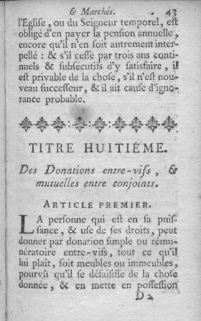 Titre huitiéme. Des Donations entre-vifs, mutuelles entre conjoints.