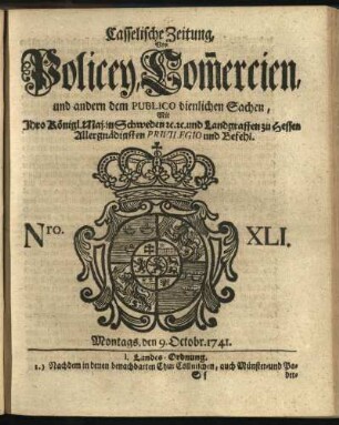 Nro. XLI, Montags, den 9. Octobr. 1741