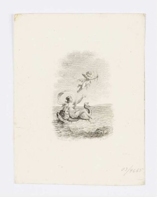 Vignette mit Frau auf einem Fisch und Amor