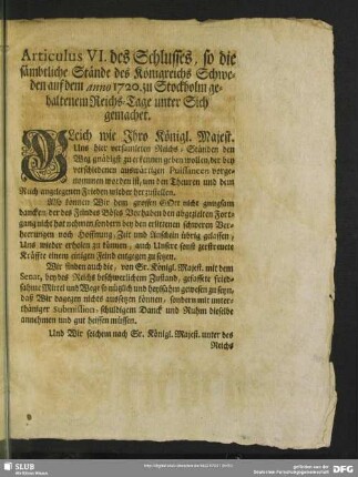 Articulus VI. des Schlusses, so die sämbtliche Stände des Königreichs Schweden auf dem anno 1720 zu Stockholm gehaltenen Reichs-Tage unter Sich gemachet
