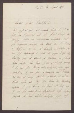 Schreiben von Moritz Ellstätter, Berlin, an seine Frau Marie: - Einladung [Gustav] Scheidtmanns - Bankett im Rathaus - Theaterbesuche - Diner bei [Otto von] Camphausen - Soiree bei Frau Dr. [Johanna] Veit (zusammen mit Reichstagspräsident Simson, Einladung Simsons) - Sitzungspläne - Einladung von Frau Höber (zusammen mit [August] Eisenlohr) - Verhältnis zu [Julius] Jolly - zur Zukunft des Staatsministeriums - Privates