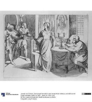 Golo bringt Genovefa in den Verdacht der Untreue, und läßt sie mit Drago verhaften. Blatt 6 zu "Bilder zu Tiecks Genovefa von J. Führich"