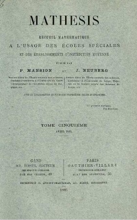 TOME CINQUIÉME AVRIL 1885.