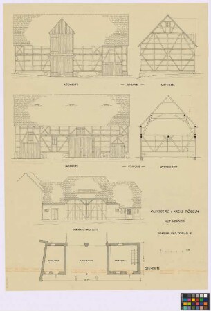 Gleisberg (Kreis Döbeln): Mehnert. - Scheune (zwei Seiten-Ansichten, Ost-Giebel-Ansicht, Querschnitt). - Torhaus (Seiten-Ansicht, Grundriss des Erdgeschosses)