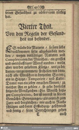 Vierter Theil. Von den Regeln der Gesundheit ins besonder