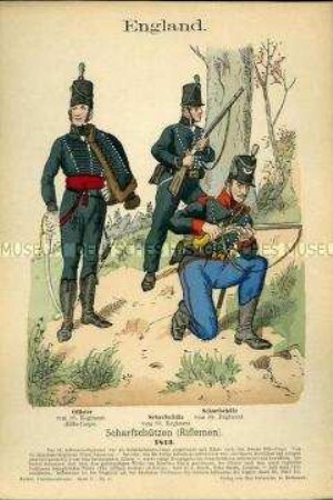 Uniformdarstellung, Offizier und Gemeine verschiedener Scharfschützen-Regimenter, Königreich Großbritannien, 1813.
